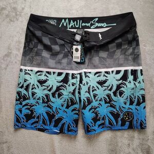 Maui and Sons Men's Blue Size 38 Board Shorts Palm Tree Print